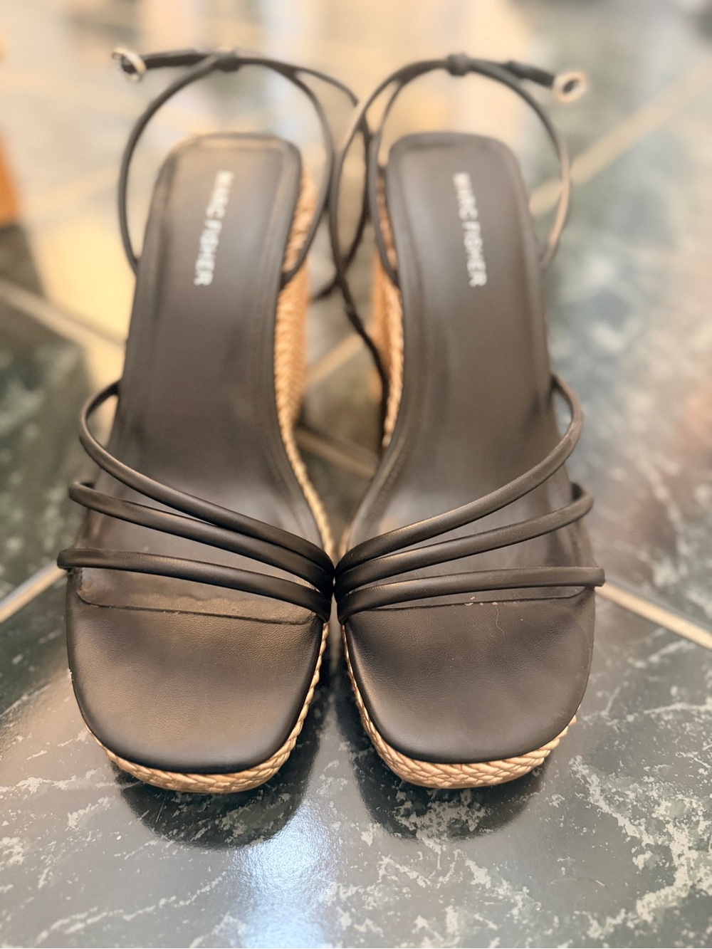 Marc Fisher Black Strappy Espadrille Wedge Sandals